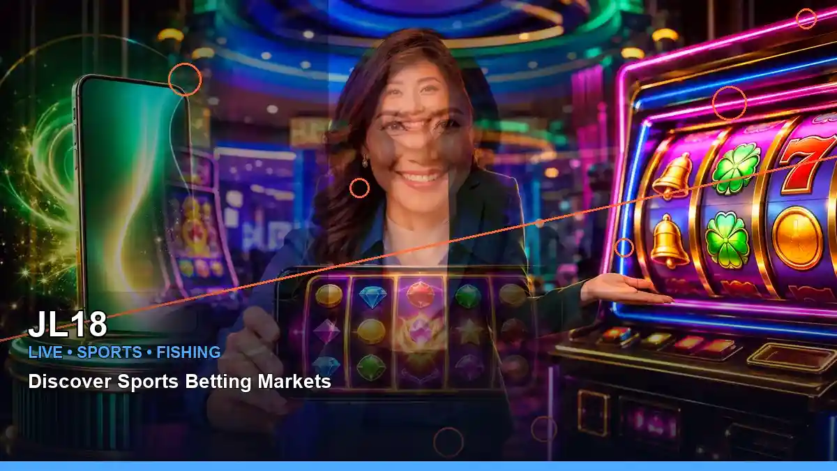 JL18 reels casino bonus games featuring an adult Filipina casino host with a right close-up composition