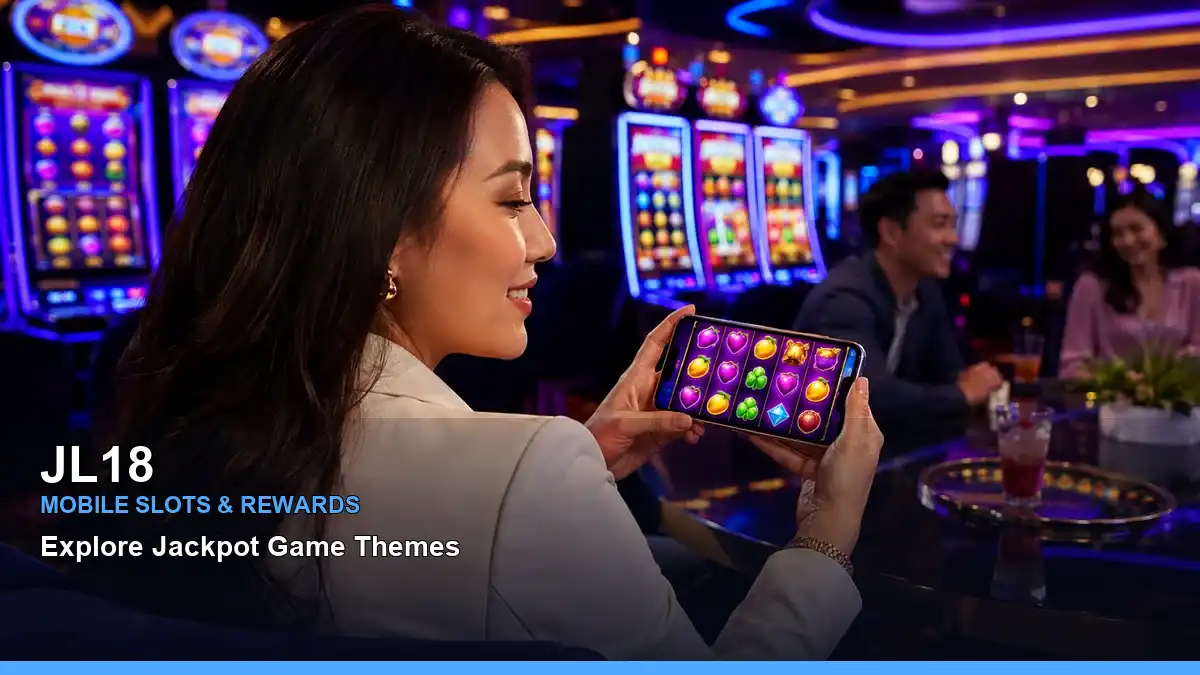 JL18 play mobile casino games featuring an adult Filipina casino host with a celebratory composition