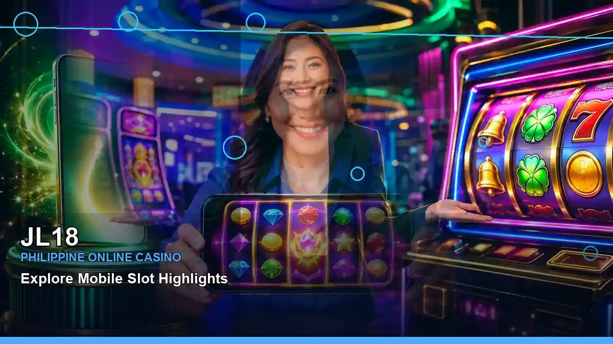 JL18 duo online slot games featuring an adult Filipina casino host with a right close-up composition